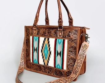 Hand Tooled Leather Western Tote Bag, Wool Saddle Blanket, Concealed Carry