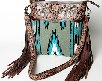 Hand Tooled Leather Western Purse, Wool Saddle Blanket Handbag