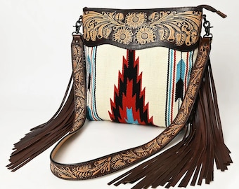 Tooled Leather Concealed Carry Crossbody Bag, White Saddle Blanket Fringe Purse