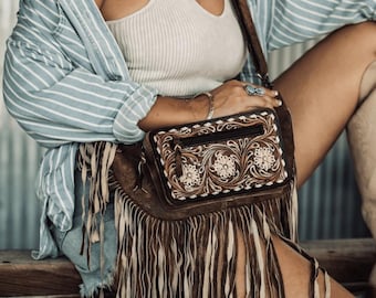 Hand Tooled Leather Fringe Sling Bag, Western Style