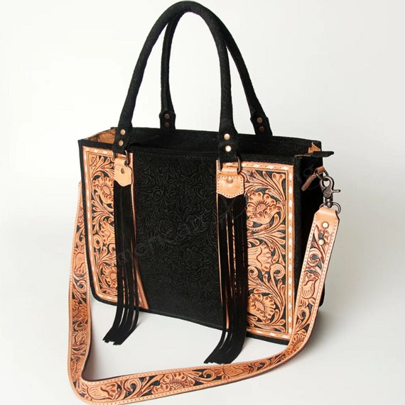 Tooled Leather Western Handbag with Fringe, Concealed Carry Purse