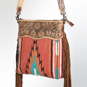 Hand Weaved Woolen Saddle Blanket Purse, Tooled Leather Purse, Leather Fringe Purse, Crossbody Purse