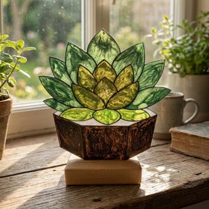 Può includere: Una scultura decorativa di un fiore di loto con petali marmorizzati verdi e gialli, inserita in un vaso esagonale marrone scuro. L'oggetto è montato su una base rettangolare in legno chiaro, creando una composizione floreale strutturata.