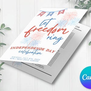 May include: A folded white card with red, white, and blue fireworks and text that reads "Let freedom ring" and "Independence Day celebration" with the date and time of the event. The card also includes a list of names.