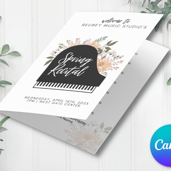 Recital Program Template | Music, Piano, Voice Studio | Editable Instant Printable Download | Floral Piano