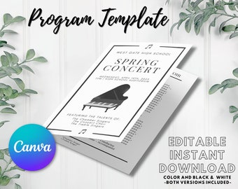 EDITABLE Concert Program Template | Instant Printable Download | Music, Band, Choir/Chorus, Orchestra | Classic Black and White