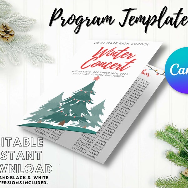 EDITABLE Concert Program Template | Instant Printable Download | Music, Band, Choir/Chorus, Orchestra | Winter/Trees/Lights