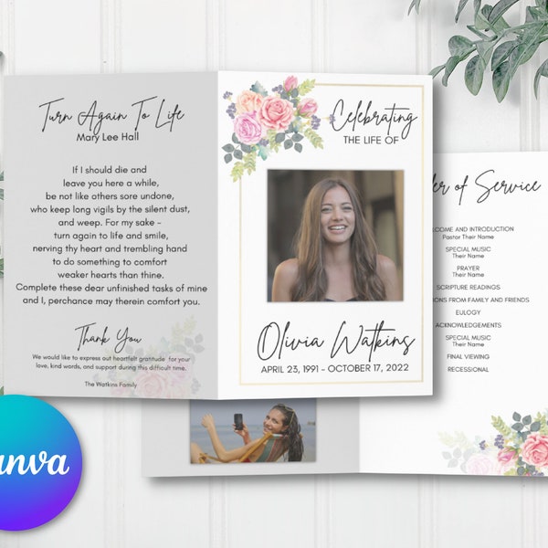 EDITABLE Funeral Program Template | Instant Printable Download | Memorial, Obituary, Celebration of Life, Brochure | Pink and Gold Floral