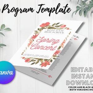 May include: Editable printable program template for a spring concert at West Gate High School. The template features a floral design with pink flowers and green leaves. The text "Spring Concert" is in a pink script font. The template is available in both color and black and white versions.