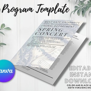 EDITABLE Concert Program Template | Instant Printable Download | Music, Band, Choir/Chorus, Orchestra | Sheet Music/Flowers