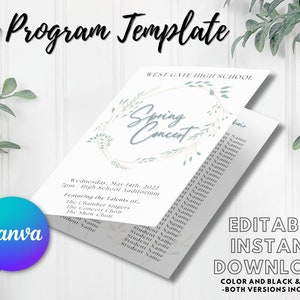 EDITABLE Concert Program Template | Instant Printable Download | Music, Band, Choir/Chorus, Orchestra | Floral Wreath