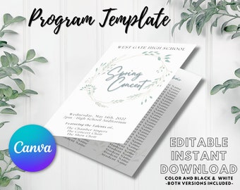 EDITABLE Concert Program Template | Instant Printable Download | Music, Band, Choir/Chorus, Orchestra | Floral Wreath