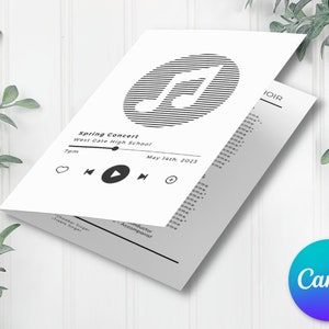 May include: A black and white music note icon with a striped pattern inside a circle. The text "Spring Concert" is above the icon, and the text "West Gate High School" is below the icon. The text "7pm" is to the left of the icon, and the text "May 14th, 2025" is to the right of the icon. The text "IOIR" is in the upper right corner of the page.