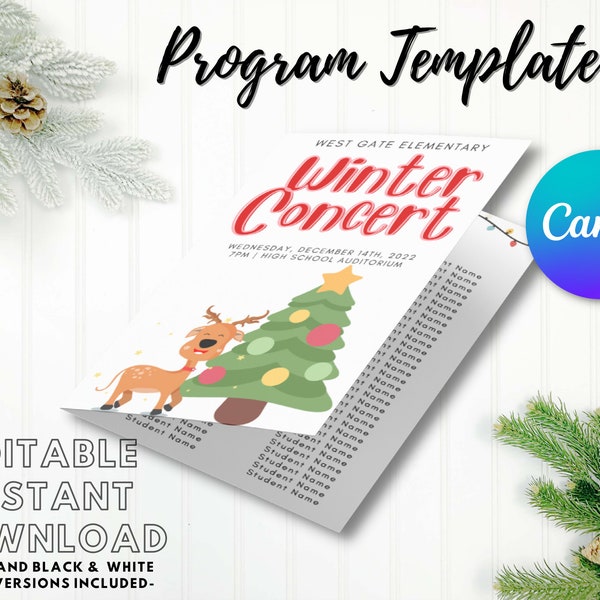 EDITABLE Concert Program Template | Instant Printable Download | Elementary Music, Band, Choir/Chorus, Orchestra | Tree/Reindeer