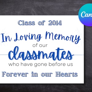 May include: A white sign with blue text that reads "Class of 2014 In Loving Memory of our classmates who have gone before us Forever in our Hearts". The sign is on a black chalkboard background.