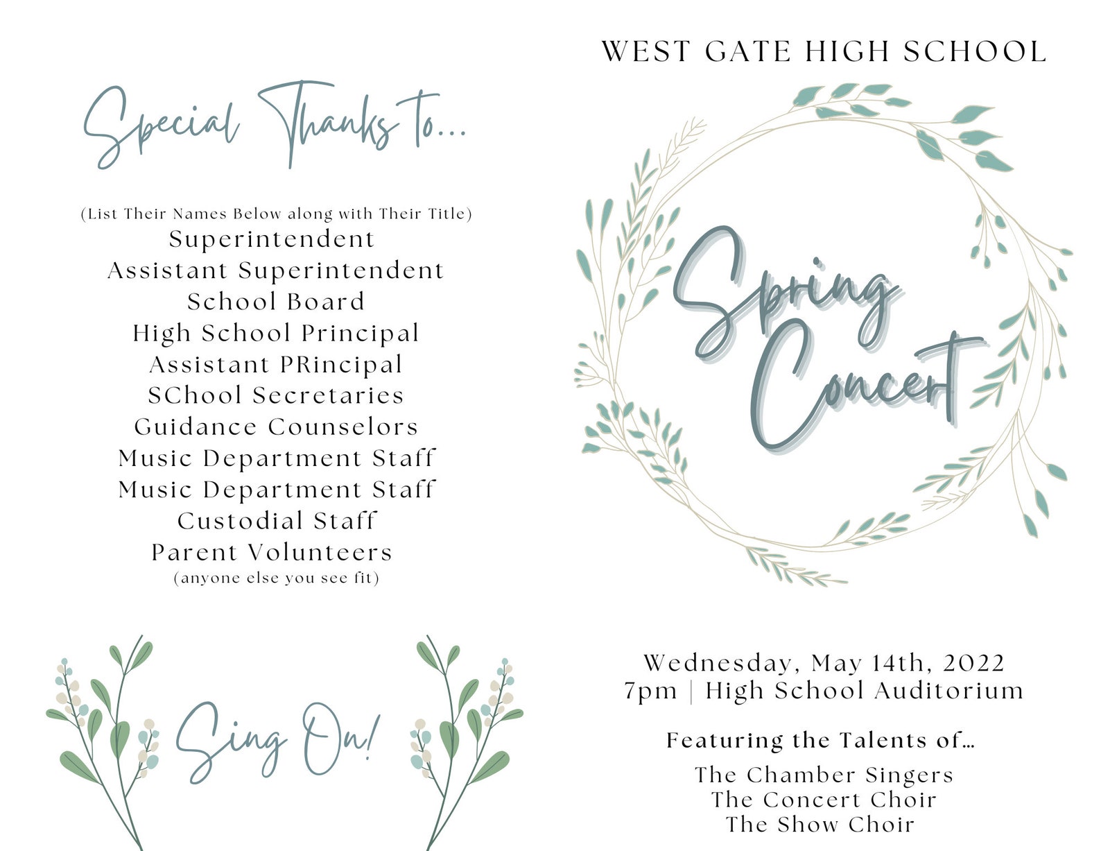 Spring Chorus Concert Program Template EDITABLE Concert Program Template | Instant Printable Download | Music ...