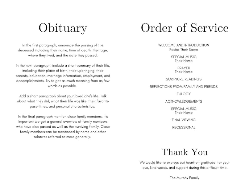 EDITABLE Funeral Program Template Instant Printable Download Memorial