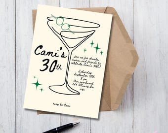 UNIQUE 30TH BIRTHDAY party invitation, custom invite template for all ages, 21, 30s, 40s, olives and martinis, martini theme, dirty martini