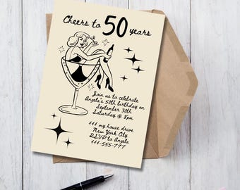 CHEERS to 50 years!!! custom invite template, unique adult party invitation template for all ages, cheers to 50 years