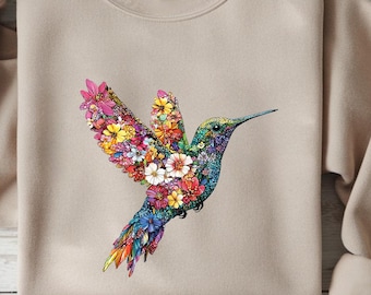 Faux Glitter Floral Hummingbird Sweatshirt | Colorful Bird & Flower Design | Nature Lover Gift | Unique Floral Graphic Sweatshirt