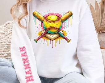 Custom Softball Sweatshirt, Ice Cream Drip Home Plate & Bats, Personalized Name on Sleeve, Softball Mom Gift, Team Spirit Crewneck