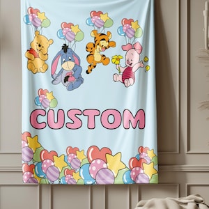Custom Cartoon Blanket, Personalized Blanket Gift for Kids, Cartoon Name Blanket, Cartoon Characters, Blue Blanket, Custom Nursery Blanket