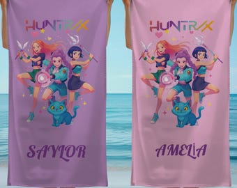 Personalized Kpop Beach Towel ,Kpop Anime Girl Beach Towel, Huntrix Towel, Kpop Fan Gift for Girls Trip, Cousin Crew Summer Vacation