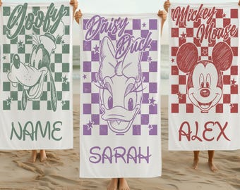 Custom Character Kids Beach Towel, Personalized Name Towel, Pluto Mickey Minnie Daisy Donald Goofy Towel,Cartoon Family Matching Beach Towel