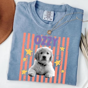May include: A light blue Comfort Colors t-shirt featuring a graphic of a golden retriever puppy with the name "OZZY" in purple letters. The design includes orange stripes and yellow stars. A gold necklace is draped across the shirt.
