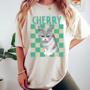 May include: Cream-colored t-shirt featuring a grumpy gray cat graphic on a teal and cream checkered background. The word "CHERRY" is printed above the cat. The shirt has short sleeves and a relaxed fit.