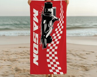 Custom Car Racing Towel, Racing Towel, Checkered Flag Towel, Personalized Beach Towel, Kid Birthday Gifts, Speed Car Towel, Gift for Him