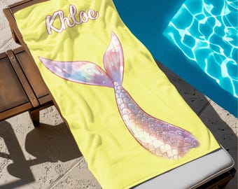Mermaid Personalized Beach Towel, Mermaid Party Favors, Custom Marine Beach Towel, Mermaid Birthday Gift For Kids, Name Starfish Pool Towel