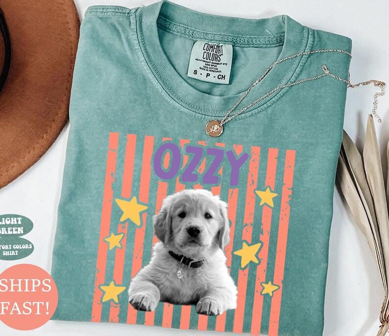 May include: Light green Comfort Colors t-shirt with the name "OZZY" in purple letters, a graphic of a golden retriever puppy, and yellow stars. The shirt has a crew neck and short sleeves. A silver necklace with a pendant is on the shirt.