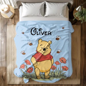 Personalized Bear Blanket,Custom Blue Blanket, Cartoon Blanket, Kids Birthday Gifts, Kids Name Blanket, Baby Gift, Nursery Blanket, Cartoon