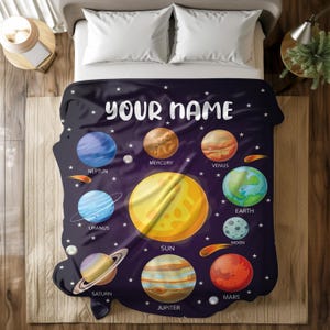 May include: A personalized fleece blanket with a dark blue background and white stars. The blanket features a colorful illustration of the planets in our solar system, including the sun, Mercury, Venus, Earth, Mars, Jupiter, Saturn, Uranus, and Neptune. The text "YOUR NAME" is printed in white at the top of the blanket.