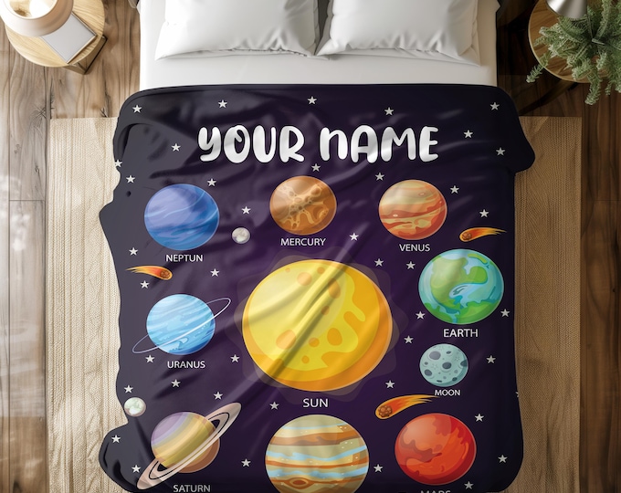 Planet Solar System Galaxy Personalized Blanket, Kids Christmas Gifts, Custom Toddler Gifts, Baby Name Merch, Baby Shower Gift, Outer Space