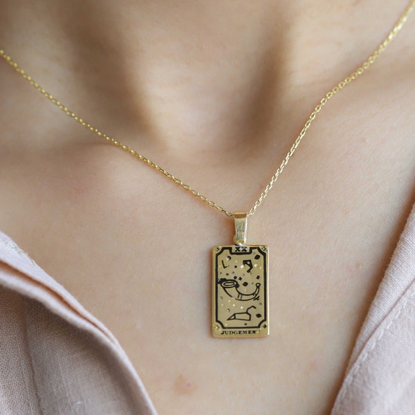 14K Gold The Judgement Tarot Card Necklace, Tarot Necklace, Tarot Jewelry, Tarot Rectangle Pendant, Tarot Card Gift, Tarotcard Necklace