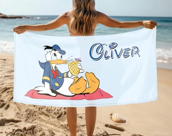 Personalized Duck Beach Towel, Custom Name Cartoon Towel, Kids Summer Pool Towel, Cute Family Vacation Gift, Beach Trip Towel for Boys Girls