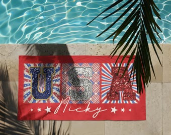 Custom USA Towel, Personalized Flag Towel, USA Writing Beach Towel, Customizable 4th of July Gift, Summer Gift, USA Memorial Day Towel Gift
