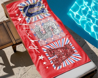 Custom USA Towel, Personalized 4th of July Faux Glitter Beach Towel, Custom Name Patriotic USA Pool Towel, Independence Day Gift
