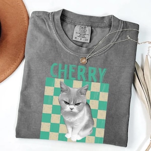 May include: A gray Comfort Colors t-shirt featuring a graphic of a grumpy-looking gray and white cat on a teal and cream checkered background. The word "CHERRY" is printed above the cat in teal letters. A silver necklace with a small pendant is draped on the shirt.