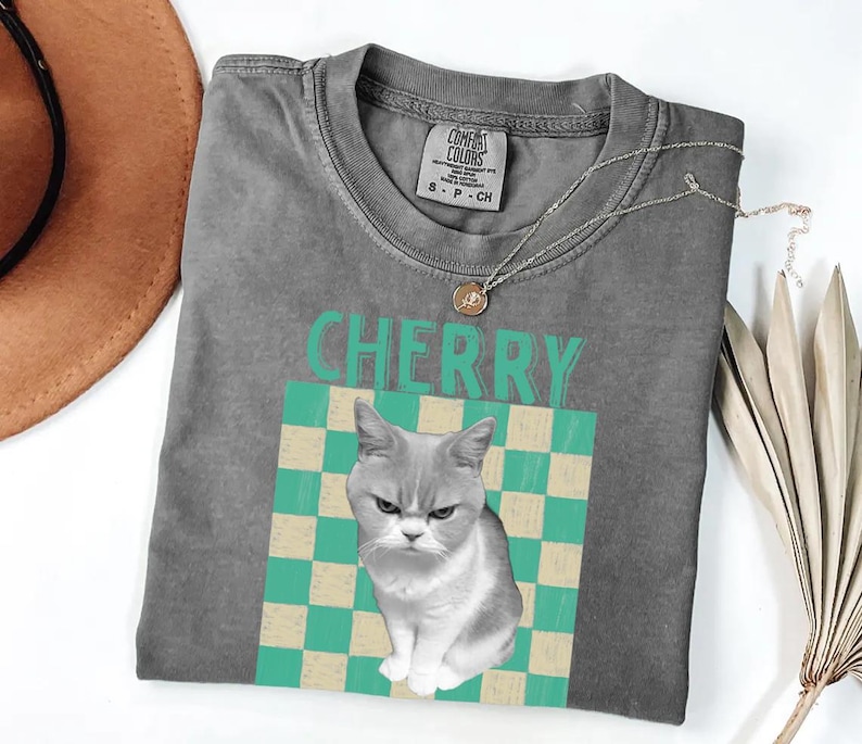 May include: A gray Comfort Colors t-shirt featuring a graphic of a grumpy-looking gray and white cat on a teal and cream checkered background. The word "CHERRY" is printed above the cat in teal letters. A silver necklace with a small pendant is draped on the shirt.