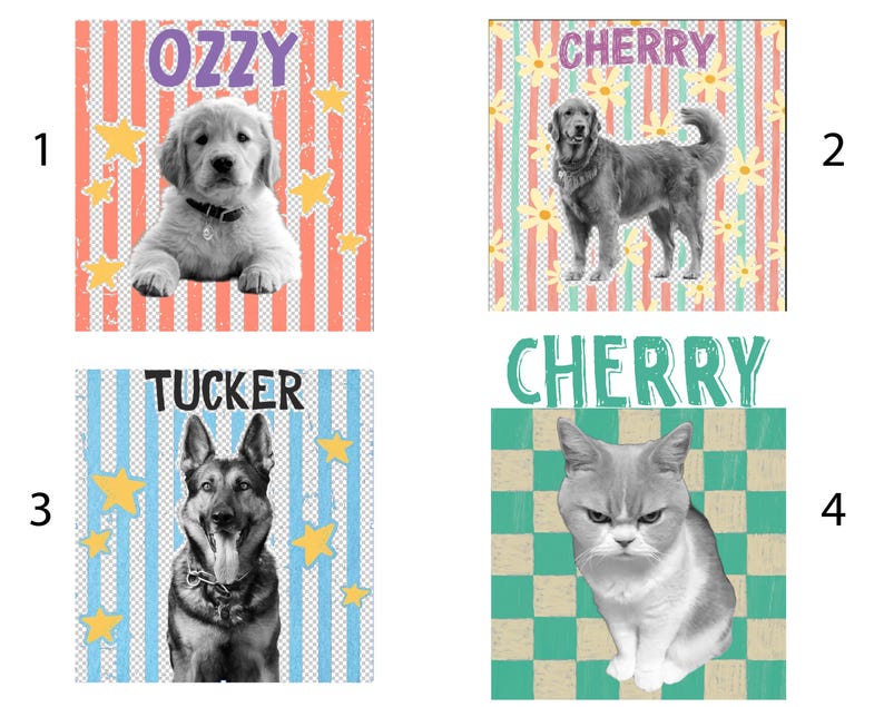 May include: Four square images featuring pets with names. A golden retriever puppy named "Ozzy" on a striped background. A golden retriever named "Cherry" on a floral and striped background. A German Shepherd named "Tucker" on a striped background. A cat named "Cherry" on a checkered background.