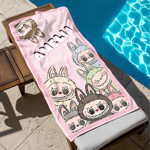 Personalized Labubu Towel, Labubu Cartoon Characters, Custom Name Towel, Birthday Gift for Kids, Pool Towel, Bath Towel, Personalized Gifts