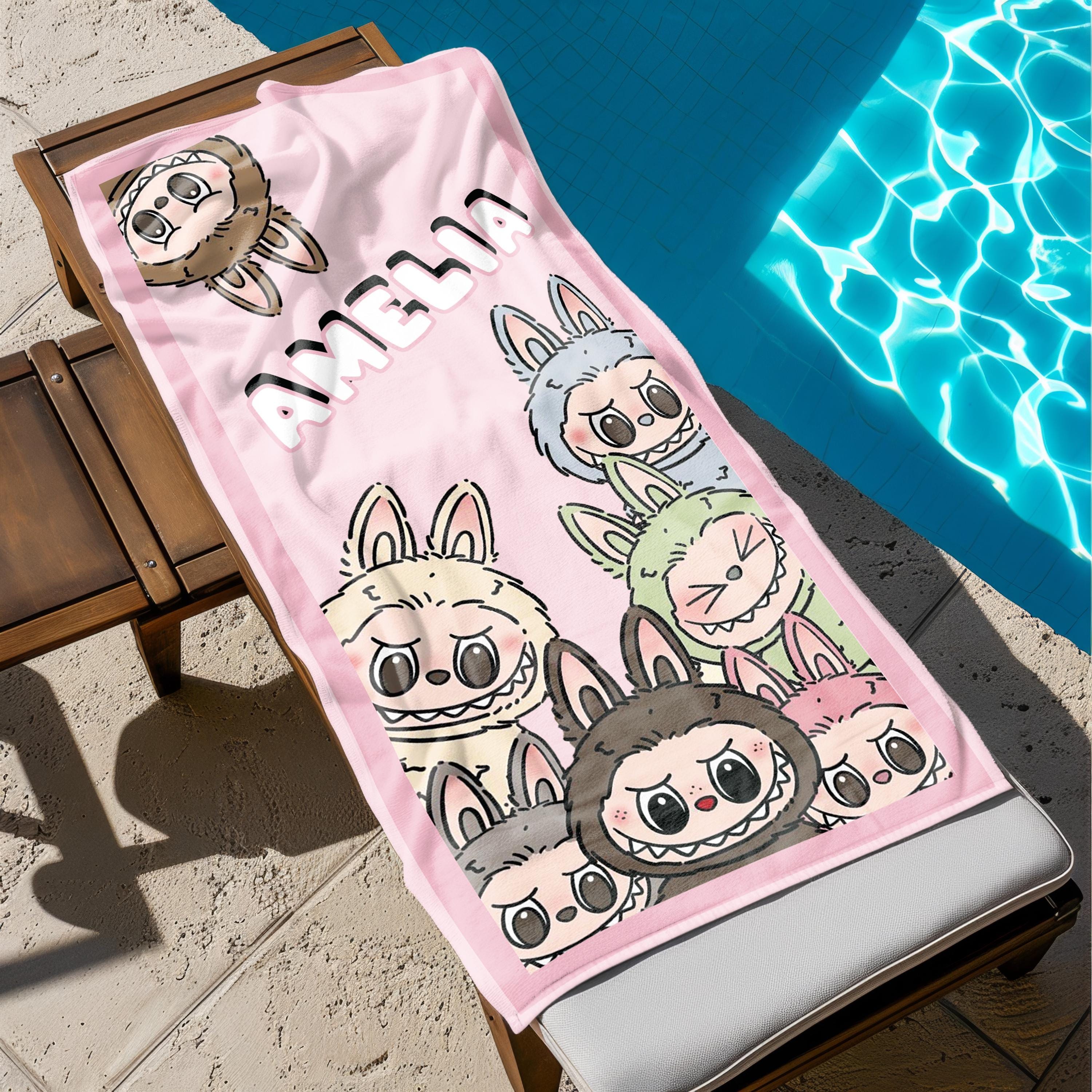 Toalla Labubu personalizada, personajes de dibujos animados de Labubu, toalla con nombre personalizado, regalo de cumpleaños para niños, toalla de piscina, toalla de baño, regalos personalizados