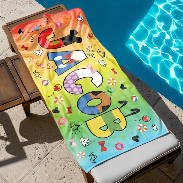 Personalized Beach Towel, Kids Cartoon Characters, Custom Name Towel, Birthday Gift for Kids, Pool Towel, Bath Towel, Personalized Gifts
