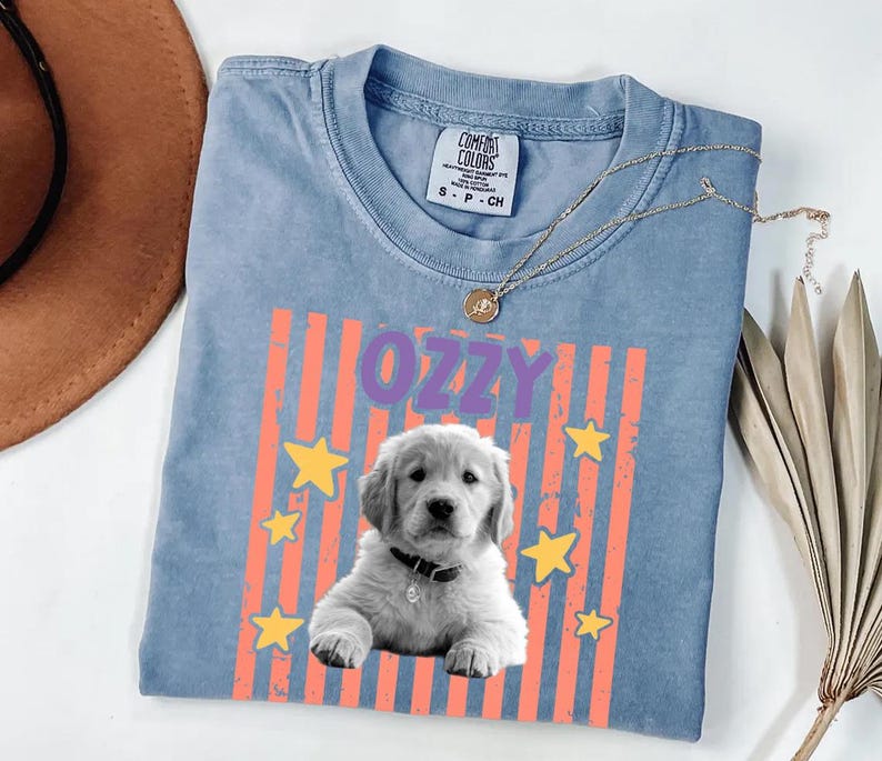 May include: A light blue Comfort Colors t-shirt featuring a graphic of a golden retriever puppy with the name "OZZY" in purple letters. The design includes orange stripes and yellow stars. A gold necklace is draped across the shirt.