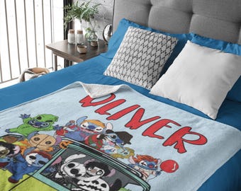 Kids Funny Cartoon Name Blanket, Custom Spooky Kids Halloween Blanket, Spooky Disney Characters, Halloween Home Decor, Halloween Baby Merch