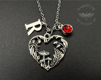 Personalised initial & birthstone charm silver mushroom forest heart necklace | Nature Goddess | Stainless Steel | cottagecore | Alternative
