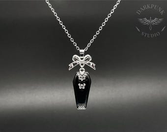 Black Gothic Coffin & Ribbon Bow Necklace Earrings Set | Stainless Steel | Gothic Witchy | Alternative Jewellery | Gift Bag | Free Delivery
